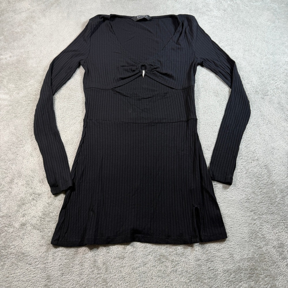 Disturbia Mini Dress Women 8 Black Ribbed V-Neck Cutout Long Sleeve Goth